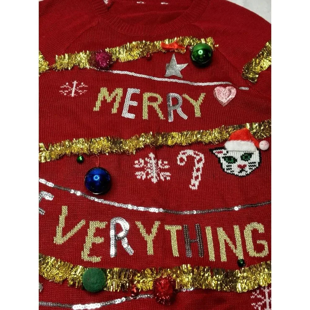 Junior Womens Red Merry Everything Christmas Holiday Sweater Top Shirt See Pics - Picture 2 of 10